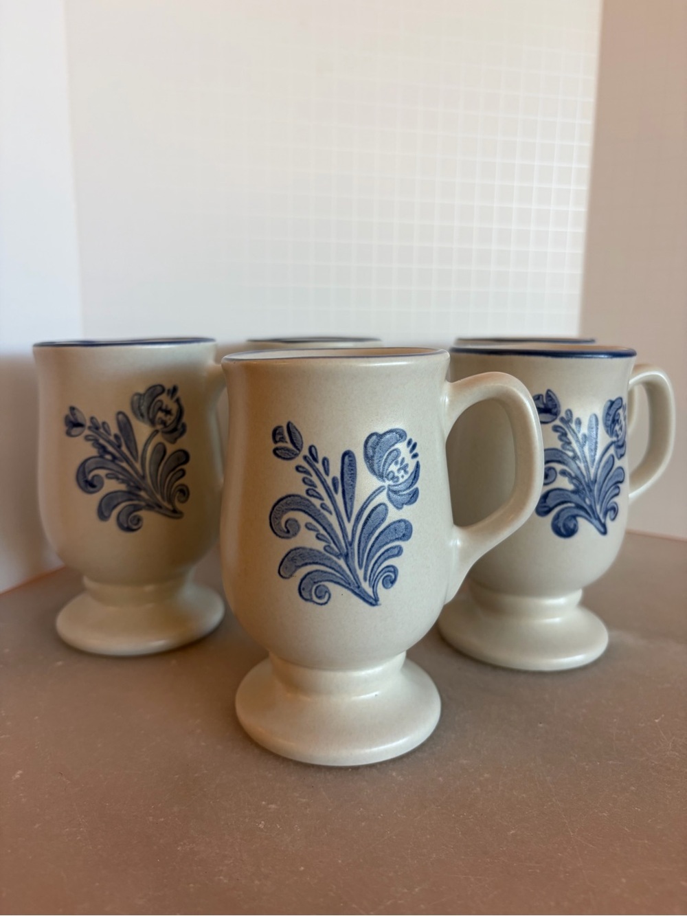 (5) 1970s Vintage Pfaltzgraff Yorktowne Pedestal Footed Coffee Mugs, Stoneware